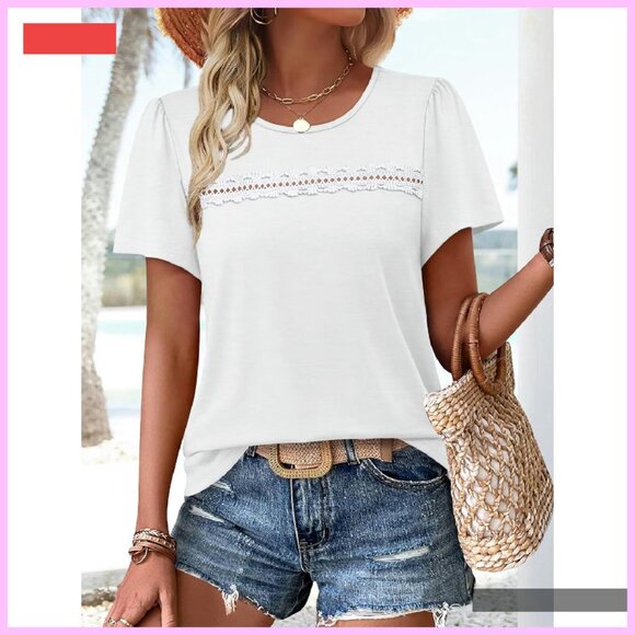 Boho Lace Short Sleeve Top Summer Casual Beach Vacation Shirt S-3XL - Picture 4 of 4